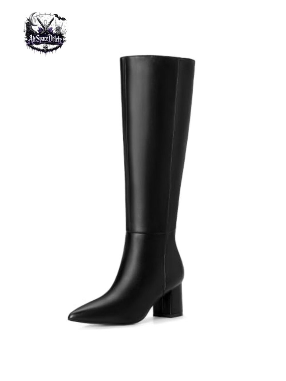 Knee High Tall Boots Low Chunky Heel Pointed Toe PU Full Zip